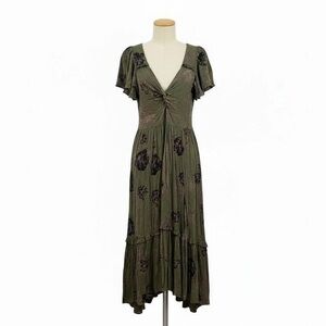 Angie Olive High Low Dress with Black Floral Design Size M Flowy Earthy Gorgeous